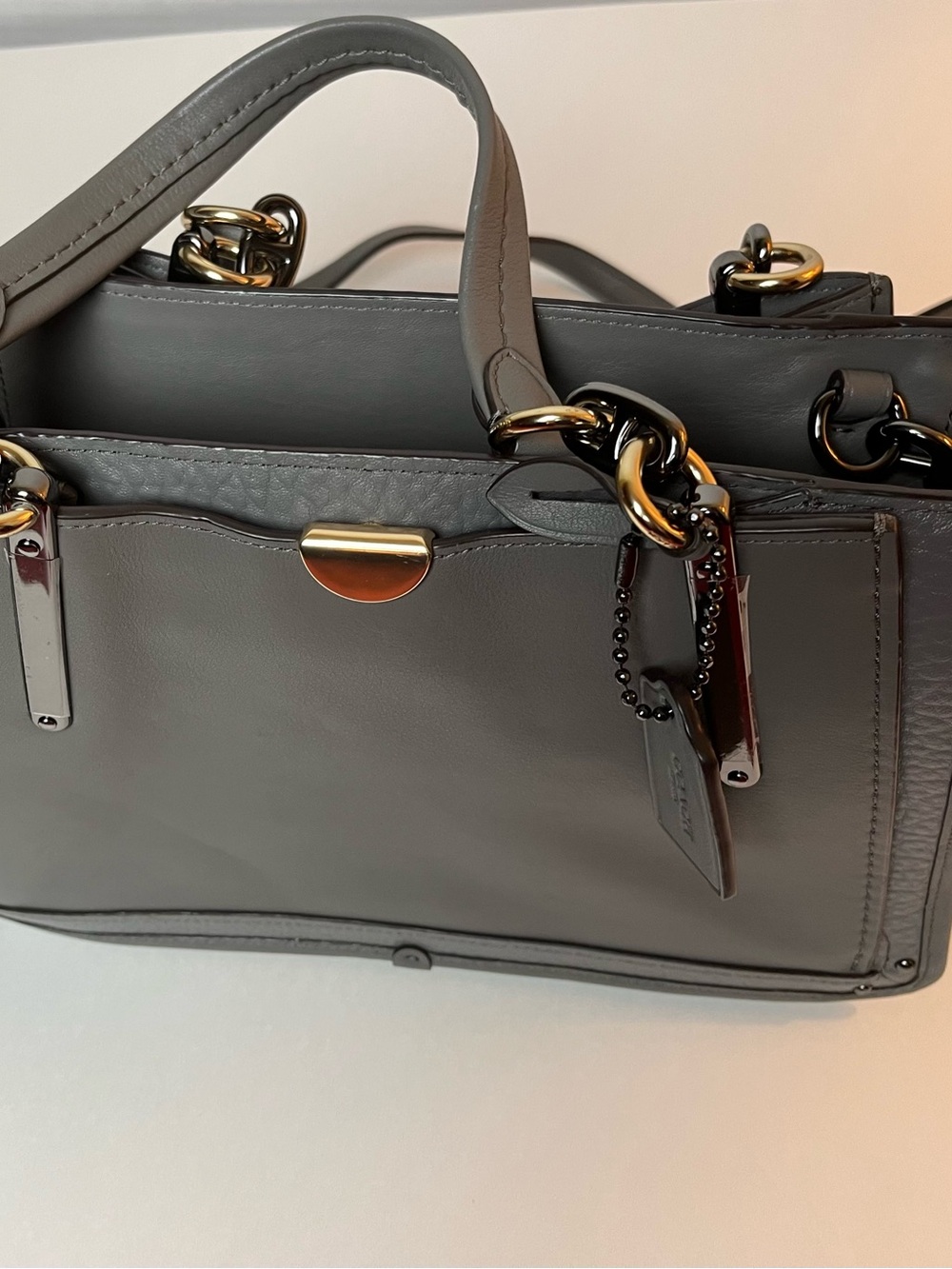 Structured Gray Leather Satchel with Gold Chain Accents